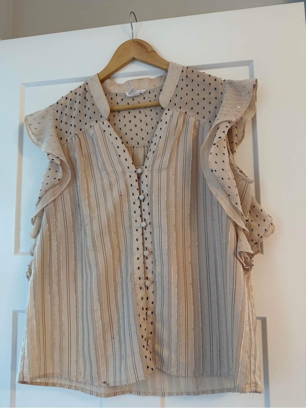 Tribal Beige & Black Striped Ruffle Sleeve Blouse